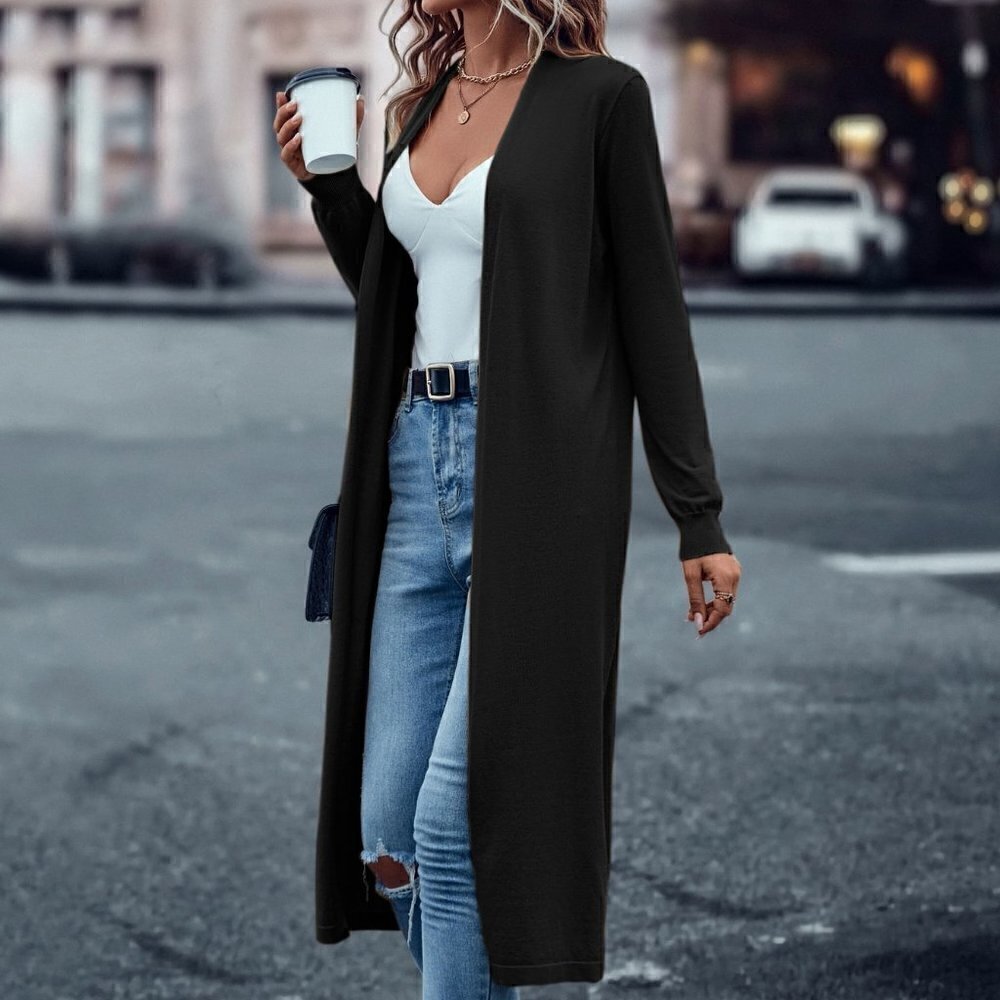 Black Casual Womens Solid Open Front Cardigan